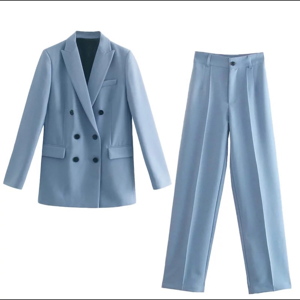 Sky/ Light Blue Double Breasted Blazer Pants Pantsuit 2 piece size XS
